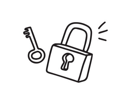 doodle lock and key. Hand drawn sketch style. Protection, Isolated key to solving the problem