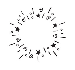 Round frame doodle style festive fireworks. stars, hearts. Explosion circle abstract vector drawing