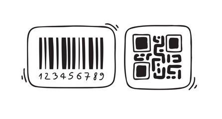 Doodle barcode. Doodle QR code. Hand drawn datum symbols collection. Barcode and QR code doodles.