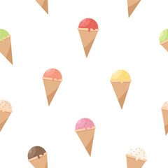 seamless pattern wallpaper of Set ice cream scoops in waffle cones on a white background. Poster. Card. Print. Textile. Seamless abstract background. Many flavors of ice cream. Vector illustration