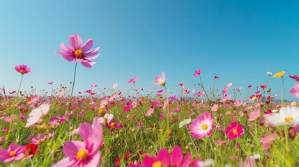 Obraz na płótnie Canvas Breathtaking field of vibrant flowers stretching to the horizon under a clear blue sky.