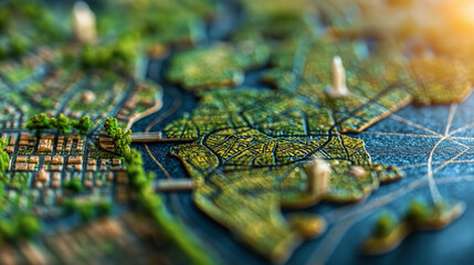 Naklejka premium Detailed miniature 3D city with roads, buildings, and greenery. Perfect for urban planning and architectural presentations. High-quality stock photo.