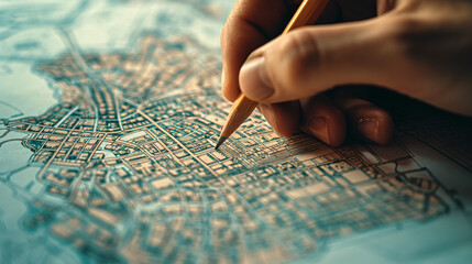 Hand drawing on a detailed map, representing urban planning and architecture. Ideal for concepts of cartography, design, and geography.