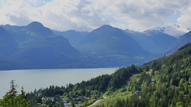 Howe Sound as seen from a lookout during a spring season in Britannia Beach, British Columbia, Canada