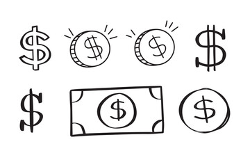 Dollar doodle sign symbol set. Hand drawn Dollar icon. money brushstrokes punctuation