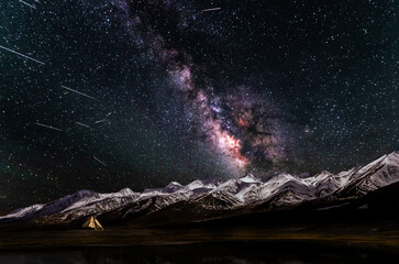 Milky Way over beautifull snow mountain at starry night in Leh Ladakh