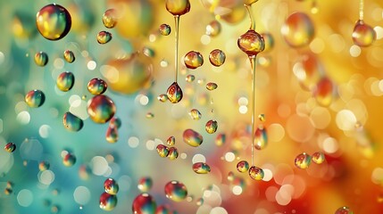 Brightly colored droplets of liquid falling gracefully from above, creating a dazzling display of color and movement against a neutral backdrop.