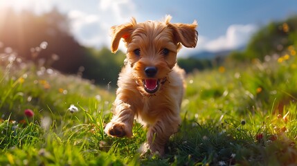 A playful, happy puppy running happily on the lawn in the spring or summer
