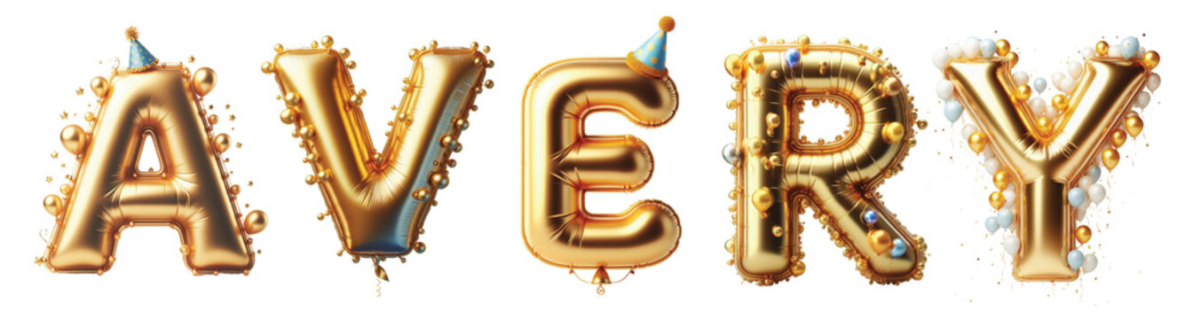 Avery Letters - Golden Balloon, 3D - Isolated on Transparent or White Background PNG - Best for Birthday Illustration Design