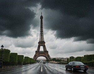 The Eiffel Tower statue on a snowfall night background in the car and cupcake in Eifel tower