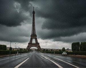 The Eiffel Tower statue on a snowfall night background in the car and cupcake in Eifel tower