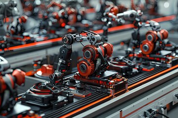 Fototapeta premium Robotics facility with humanoid robot parts on an assembly platform