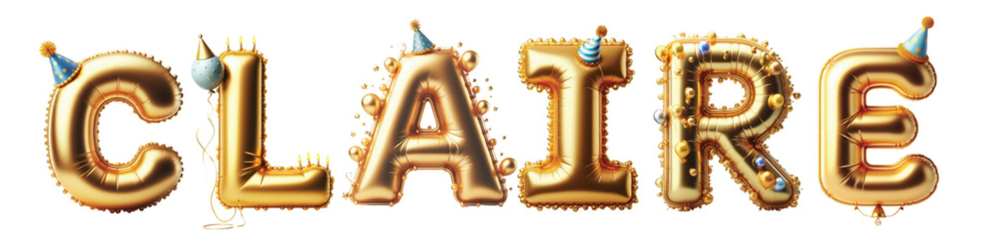 Claire Letters - Golden Balloon, 3D - Isolated on Transparent or White Background PNG - Best for Birthday Illustration Design