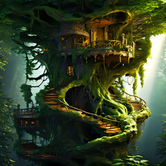 rare-ultra-realistic-digital-painting-of-a-mythical-creature-foliage-entwined-treehouse-nestled-in-947825522