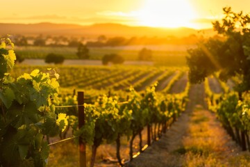 Naklejka premium Lush Vineyards at Sunrise, With Rows of Grapevines Bathed in Golden Light, Promising a Bountiful Harvest, Generative AI
