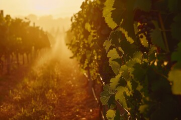 Lush Vineyards at Sunrise, With Rows of Grapevines Bathed in Golden Light, Promising a Bountiful...