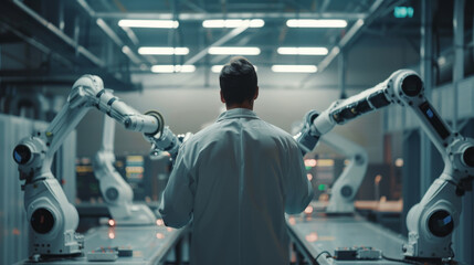A man in a white lab coat stands in front of two robotic arms