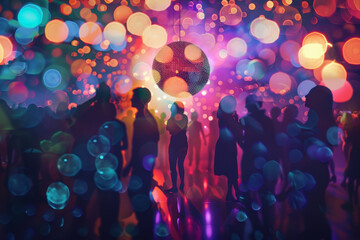 A group of people are dancing in a club with a disco ball in the center