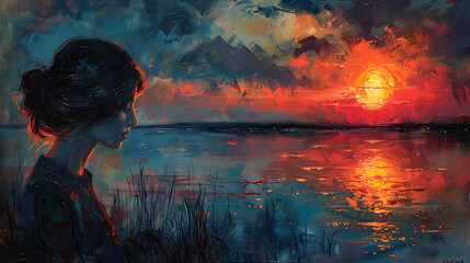 Oil painting art featuring a woman gracefully framed against the backdrop of a stunning sunset