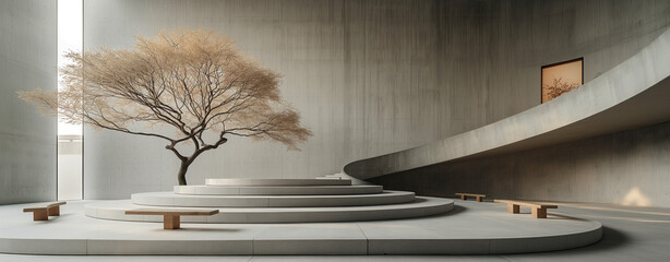 Modern minimalist architectural space featuring a lone tree, concrete steps, and wooden benches, bathed in soft natural light.