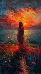 Oil painting art featuring a woman gracefully framed against the backdrop of a stunning sunset