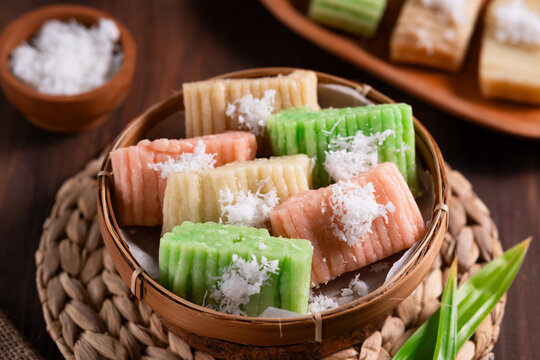Getuk Lindri is a traditional Indonesian dessert made from mashed cassava, and topped with grated coconut. Selective focus. Perfect for recipes, articles, catalogs or any commercial purpose