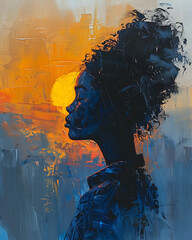 Oil painting art featuring a woman gracefully framed against the backdrop of a stunning sunset