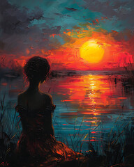 Oil painting art featuring a woman gracefully framed against the backdrop of a stunning sunset