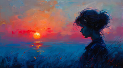 Oil painting art featuring a woman gracefully framed against the backdrop of a stunning sunset