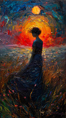 Oil painting art featuring a woman gracefully framed against the backdrop of a stunning sunset