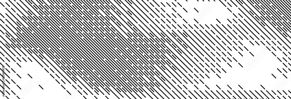 Poster Dashed diagonal line texture. Slanted dash lines pattern background. Straight tilted interrupted stripes wallpaper. Abstract dither rasterized grunge overlay. Wide rippled vector texture