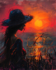 Oil painting art featuring a woman gracefully framed against the backdrop of a stunning sunset