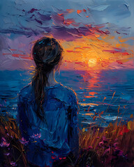 Oil painting art featuring a woman gracefully framed against the backdrop of a stunning sunset