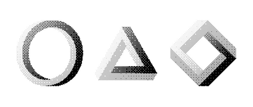 Bitmap impossible shapes set. Dither halftone geometric objects collection. Black textured triangle, circle, square elements for banner, poster, leaflet. Pixelated 3d raster effect bundle. Vector pack