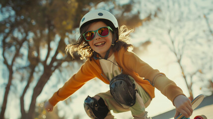 A funny little girl in sunglasses, helmet and knee pads is skateboarding in a skate park. Extreme sports for children