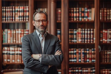 Confident Lawyer in Business Suit in Front of Law Bookcase
