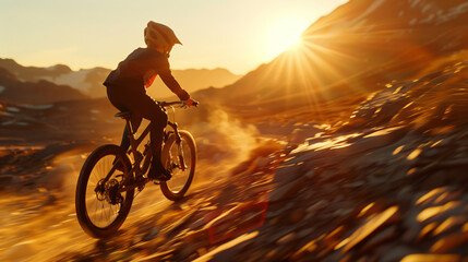 A young guy in a protective helmet is riding along a rocky mountain dangerous trail at sunset. Extreme sports for children