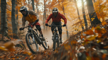 Naklejka premium Mountain bike competitions. Two men on mountain bikes go down a hill in a beautiful autumn forest