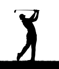a silhouette of a golfer hitting a ball with a white background