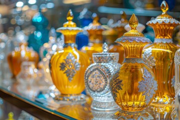 Obraz premium Row of ornate blue glass vases, each adorned with vibrant yellow flowers. Vases, with intricate designs, sit on wooden surface under warm ambient lighting and elegant atmosphere.