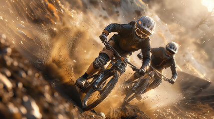 Two mountain bikers in full gear are rushing down the mountain trail. Two people are riding bicycles on a dirty, dusty trail