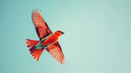 Cerulean red bird soaring gracefully across a clear blue sky.
