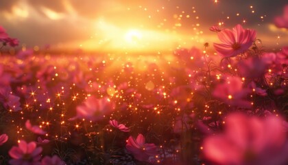Cosmos Field at Sunset, Capture the ethereal beauty of a cosmos field bathed in the warm glow of the setting sun - Powered by Adobe
