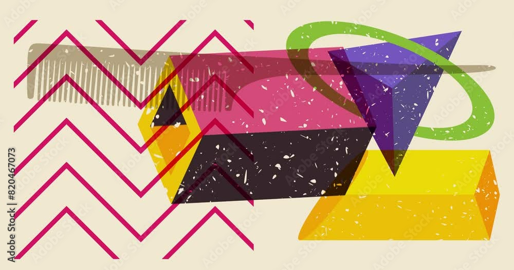 Poster risograph comb with geometric shapes animation. moving object in trendy riso graph design video.