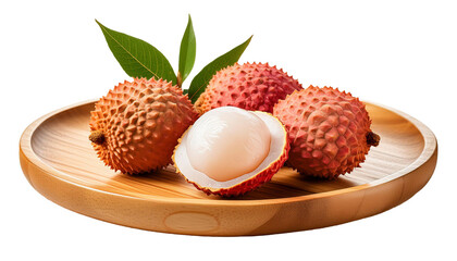 fresh lychees on a wooden plate