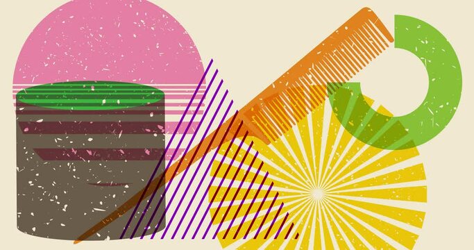 Risograph comb with geometric shapes animation. Moving object in trendy riso graph design video.