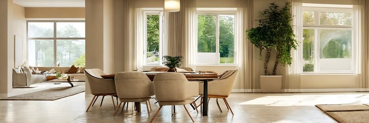 Obraz premium Beige home living room interior with eating table