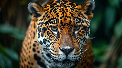 Intense gaze of a jaguar in the jungle