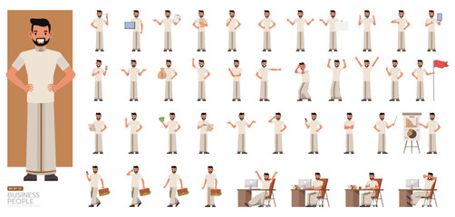 Big Set of Indian businessman wear white shirt character vector illustration design. Presentation in various action. People working in office planning, thinking and economic analysis.