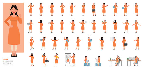 Big Set of Indian businesswoman wear orange dress character vector illustration design. Presentation in various action. People working in office planning, thinking and economic analysis.